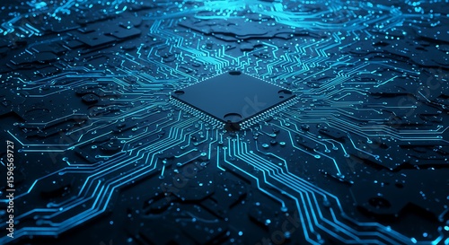 Dark Microchip with Glowing Blue Circuitry Technological Futuristic Pattern