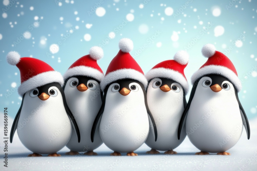 Fototapeta premium Penguins in Santa Hats: Cute Cartoon Illustration on Snowy Background of wearing Hats