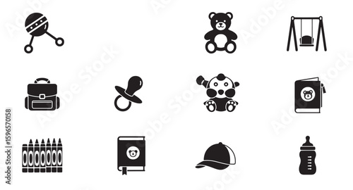 Collection of baby and toddler toy icons depicting playtime and early childhood activities