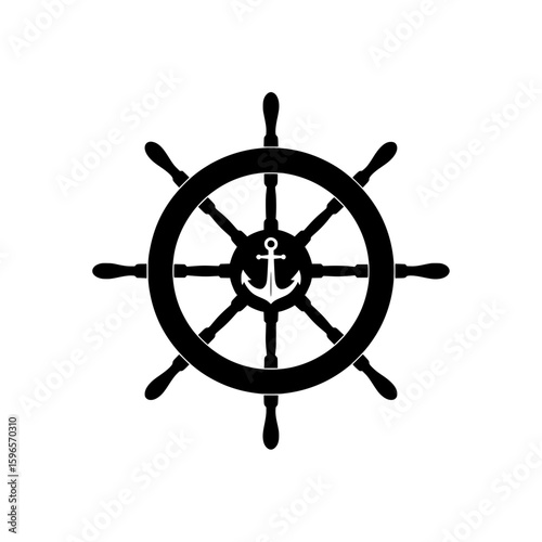 Black vector icon illustration of an elegant ship's steering wheel with an anchor in the center. 
