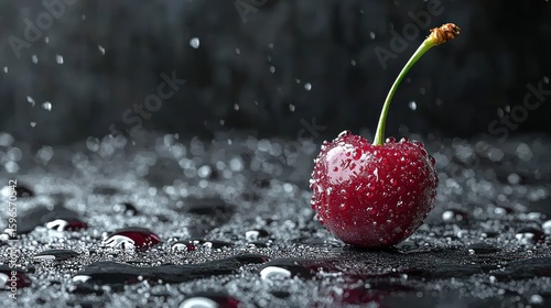 Single cherry, rain drops, dark background, food photography, website banner