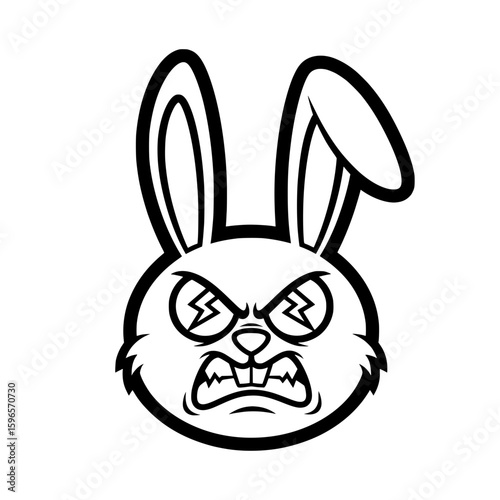 Black  vector illustration of an expressive and angry cartoon rabbit head.