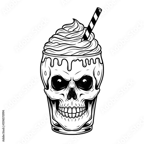  A detailed illustration of a skull-shaped glass filled with a cold, foamy drink, topped with whipped cream and a striped straw. 