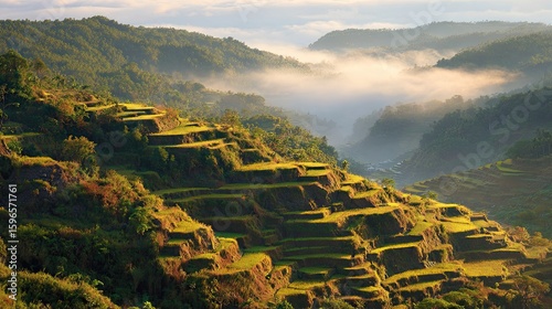 Golden Hour Sunrise Over Lush Green Rice Terraces and Misty Mountains