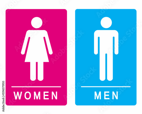 Simple restroom icon design showing male and female symbols with bold pink and blue backgrounds. Perfect for public washroom signage, vector illustration in flat modern style.