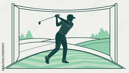 Silhouette of a golfer swinging a club inside a golf simulator with a green landscape view screen