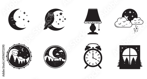 Cute nighttime icons featuring moon stars owl clouds alarm clock and bedtime elements