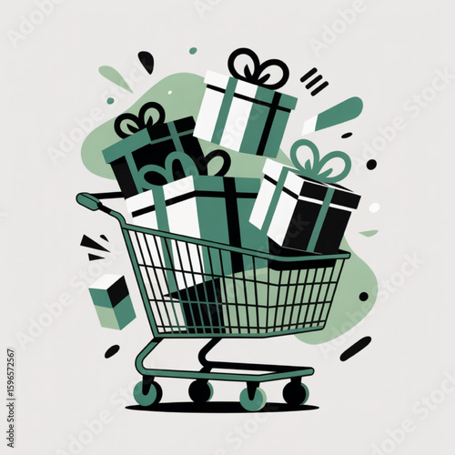 Shop for holiday gifts with this whimsical illustration of shopping cart overflowing with presents for festive celebrations and seasonal promotions