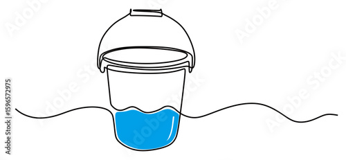 continuous line art of a bucket filled with water. This icon is for a poster or advertisement of toilet equipment.