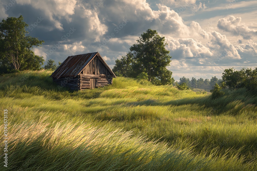 Obraz premium Rustic Wooden Shack in a Field of Tall Grass Under a Cloudy Sky