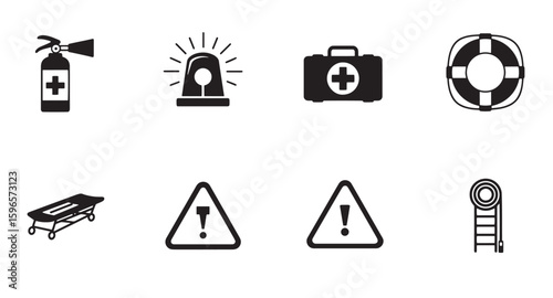 Essential emergency and safety icons representing equipment and hazard symbols for visual communication