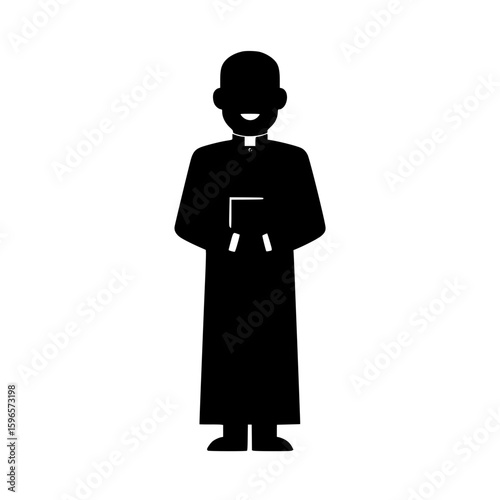 Flat vector illustration of an African American priest in a black robe, holding a Bible with a smiling expression, set against a soft pink background, conveying spirituality and simplicity.