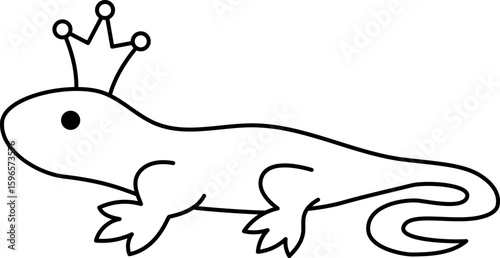 Vector black and white lizard with crown icon. Magic creature line clipart. Cute fairytale character, coloring page. Woodland fantasy animal. Forest fairy tale gecko illustration