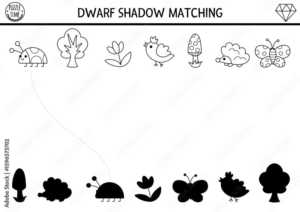 Fototapeta premium Dwarf shadow matching activity with forest symbols and animals. Fairytale black and white puzzle with hedgehog, bird. Find correct silhouette printable worksheet, game, coloring page for kids