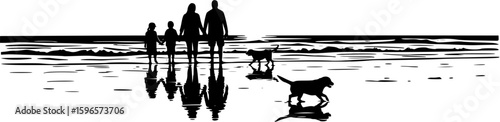 Family stroll along the beach at sunset with a playful dog on a warm evening
