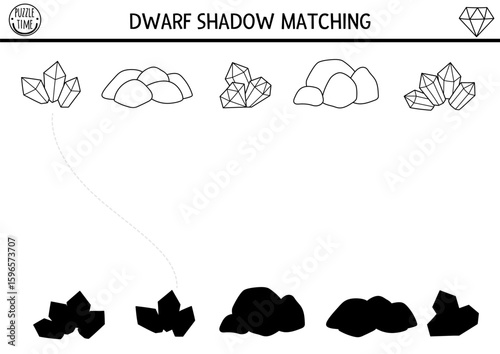Dwarf shadow matching activity with precious stones and metals. Fairytale black and white puzzle with gems. Find correct silhouette printable worksheet, game. Magic gnome coloring page for kids