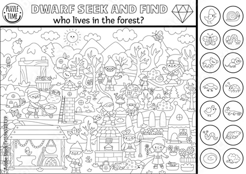 Vector black and white searching game with dwarf village landscape. Spot hidden objects. Seek and find printable activity for kids with forest animals. Magic woodland worksheet, coloring page