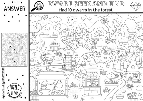 Vector dwarf black and white searching game with magic forest landscape. Spot hidden gnomes in picture. Fairytale seek and find printable activity or coloring page for kids with fantasy creature