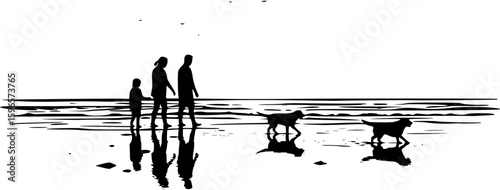 Family stroll along the beach at sunset with a playful dog on a warm evening
