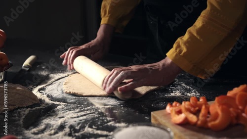 Close Up Of A Woman's Hands Skillfully Rolling Out Dough With A Wooden Rolling Pin On A Floured Countertop, Preparing Homemade Apricot Pie Crust In A Rustic Kitchen Setting