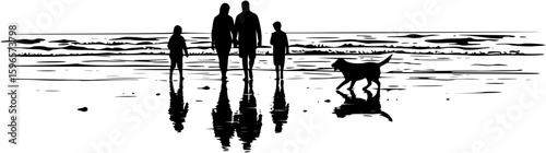 Family stroll along the beach at sunset with a playful dog on a warm evening

