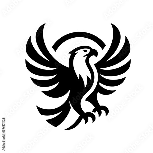A black vector silhouette illustration depicting a mighty eagle with open wings, ready to grasp. 