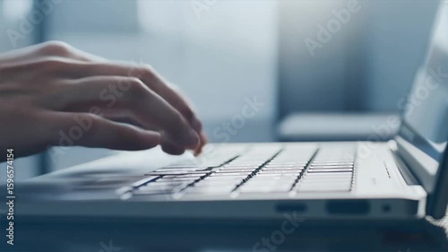 Close-up shot of a person's hands typing on a sleek, modern notebook keyboard. 