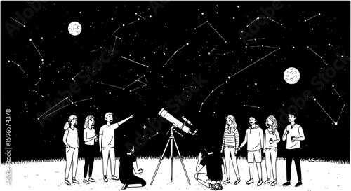 Group of friends stargazing under a clear night sky with a telescope on a warm summer evening
