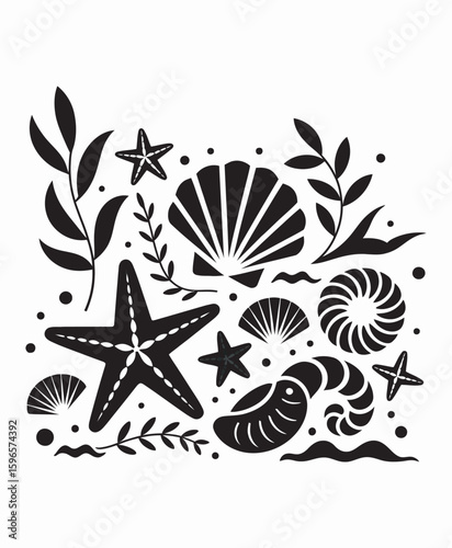 Sea Shells and Starfish Silhouette Vector Illustration Collection  
