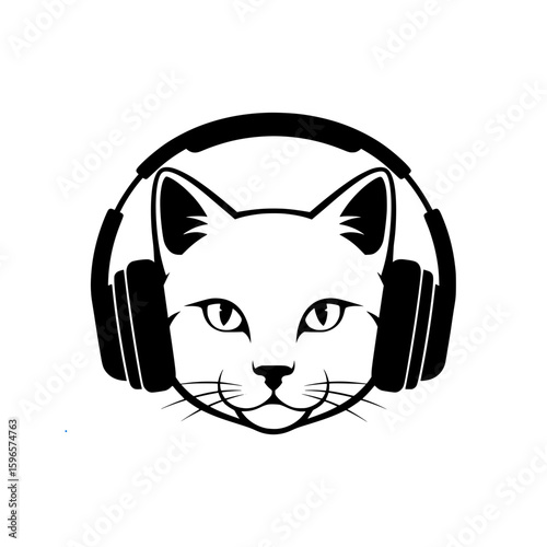 Black  vector silhouette illustration of a cat's head wearing headphones. 