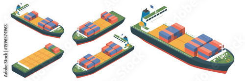 Cargo Ships Loaded with Containers Sailing in Ocean Global Shipping and International Logistics Vector Illustration