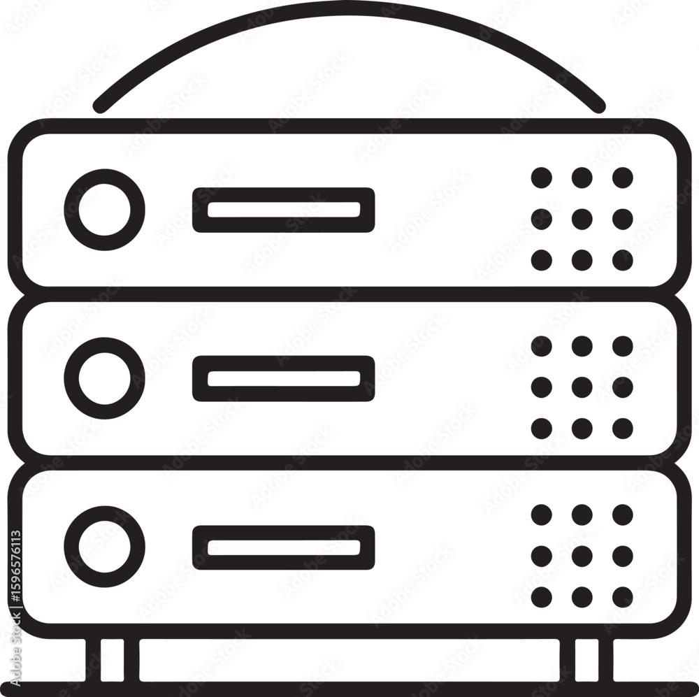 Fototapeta premium Clean line art illustration of three stacked server racks with network cables connecting them representing data storage and it infrastructure