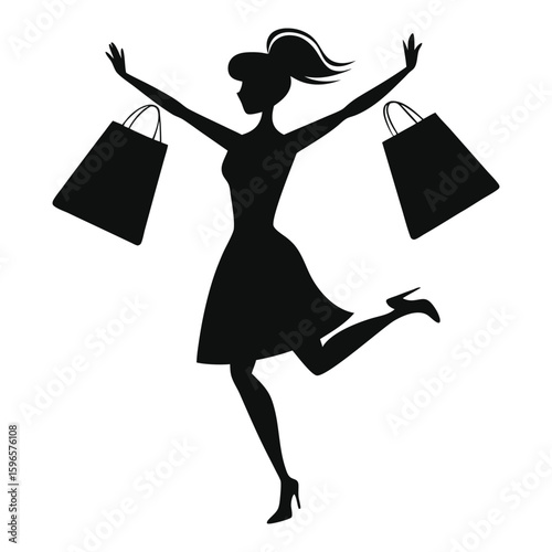Joyful silhouette of a woman with arms raised holding shopping bags celebrating a successful shopping spree