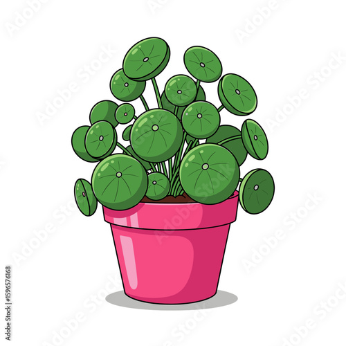 Cartoon illustration of a Pilea peperomioides plant, also known as Chinese money plant, in a pink pot.