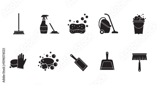 Vector illustration collection of cleaning supplies and tools for home maintenance and housekeeping