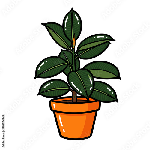 Cartoon illustration of a Fiddle-leaf fig plant in an orange pot.