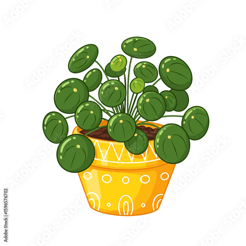 Cartoon illustration of a Pilea peperomioides plant in a decorative yellow pot with soil.