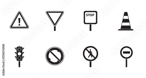 Vector illustration of road signs displaying warning yield stop signs traffic cone signals