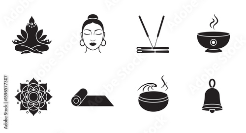 Yoga and wellness icons collection depicting meditation spirituality relaxation health and balance