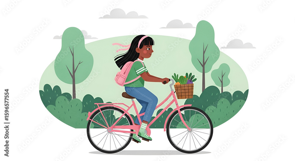 Naklejka premium Illustration of young girl rides a pink bicycle with a basket of vegetables