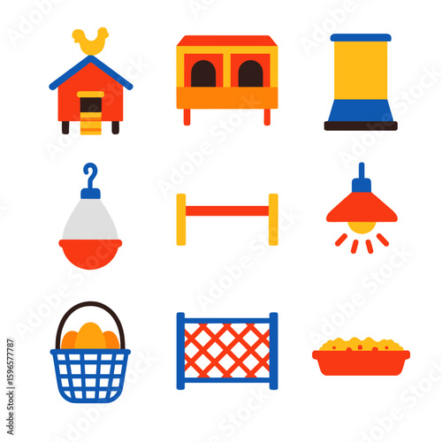 Poultry Housing Icons. Flat vector icons of poultry and bird housing tools: chicken coop icon, nesting box, feeder bin, hanging