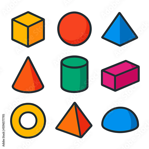 Bright Geometric Icons. Flat vector icons of 3D shape forms: cube, sphere, pyramid, cone, cylinder, rectangular prism, torus,