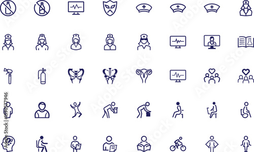 Line icons represent healthcare topics, including medical professionals, human organs, and social issues