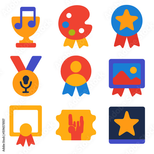 Minimalist Award Icons. Flat vector icons of minimalist performance awards: music trophy, art prize icon, best performance badge,
