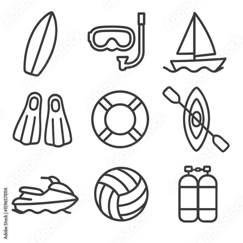 Water Activity Icons. Line style icons of water activities: surfboard, snorkel mask, sailboat, swim fins, lifebuoy, kayak, jet ski