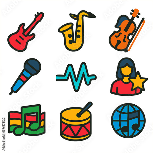 Vibrant Music Genre Icons. Flat vector icons of music genres and symbols: rock guitar, jazz saxophone, classical violin, hip-hop