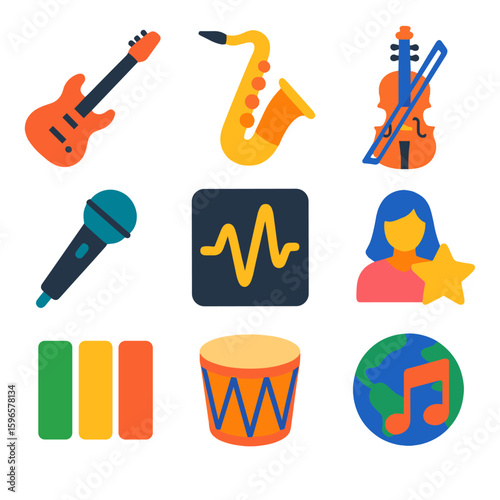 Vibrant Music Genre Icons. Flat vector icons of music genres and symbols: rock guitar, jazz saxophone, classical violin, hip-hop