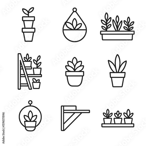 Small-Space Greenery Icons. Line style icons of small-space decorative greenery: narrow pot stack, wall-mounted pot, windowsill