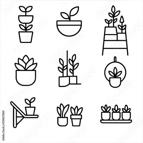 Small-Space Greenery Icons. Line style icons of small-space decorative greenery: narrow pot stack, wall-mounted pot, windowsill