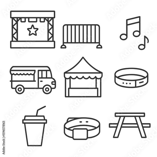 Festival Icon Set. Line style icons of outdoor festival elements: main stage, crowd barrier, vendor tent, music notes, food truck,